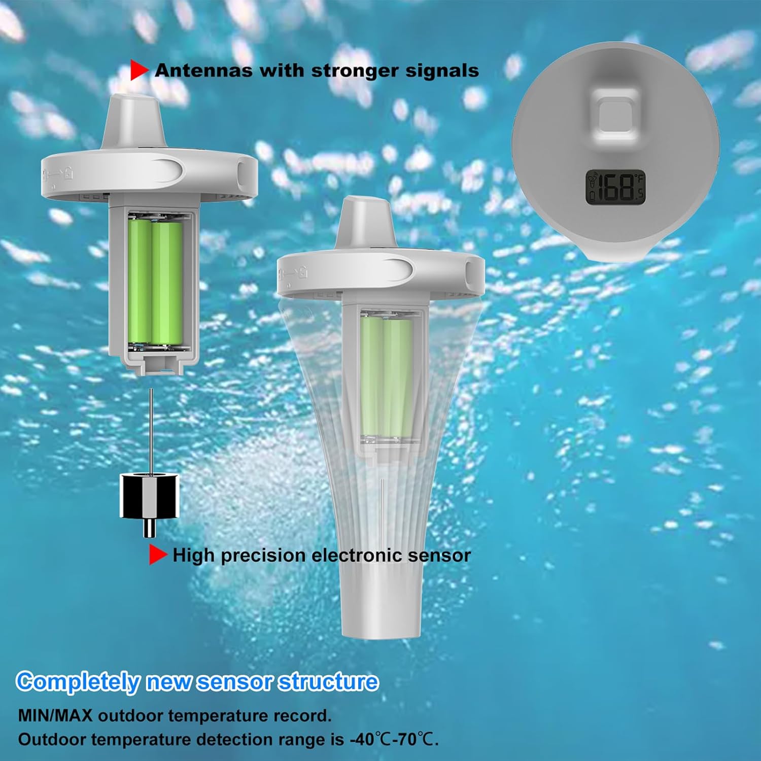 Pool Thermometer with Temperature Sensor for Pool Fish Tank Bathtub Swimming Pool 12/24-Hour Time Format Record Highest Lowest Outdoor Temperature℃/℉ switchable